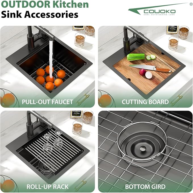 15 Inch Black Drop In Bar Sink Outdoor Kitchen Sink Workstation 16 Gauge Stainless Steel Single Bowl Small Sinks With Pull-out Faucet 15"x17"x9"