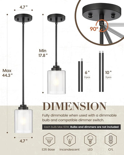 TENGXIN Modern Pendant Light, Matte Black Pendant Lights Kitchen Island,Farmhouse Pendant Lighting for Dining Room Bedroom Bar Office,TXPLBK02