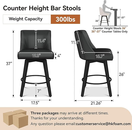 Counter Height Bar Stools Set of 6, Modern Swivel Barstools with Back and Wood Legs, Faux Leather Upholstered Bar Chairs, 26" H Kitchen Counter Stools, Kitchen Island Home Bar, Black Grey