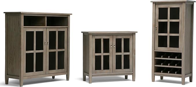 SIMPLIHOME Warm Shaker Storage Cabinet - 32 inch Wide Solid Wood 2-Shelf Low Storage Cabinet in Distressed Grey, Transitional Accent Cabinet for Entryway with Tempered Glass Doors and Shelves