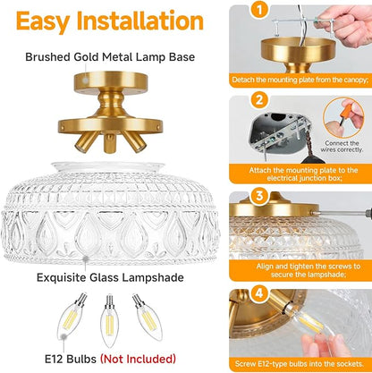 SunRider Semi Flush Mount Ceiling Light, Modern 3-Light Globe Glass Ceiling Light Fixture, Gold Indoor Pendant Lamp for Hallway Porch Kitchen Bedroom