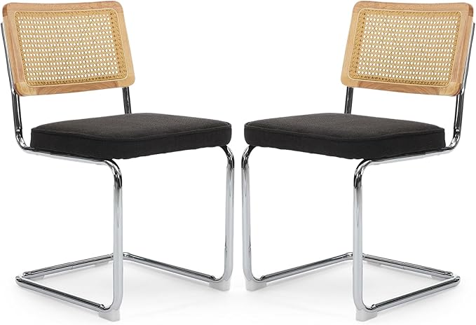 Rattan Back Linen Dining Chair Set of 2 Modern Breuer Designed Stainless Chrome Base Armless Upholstered Dining Chair for Dining Room, Kitchen Island(Black)