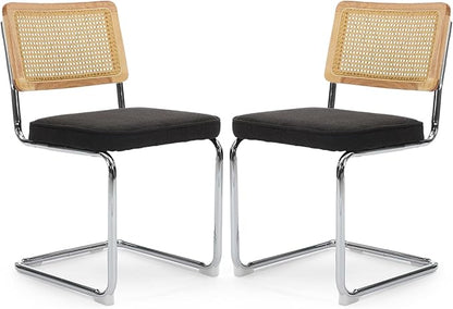 Rattan Back Linen Dining Chair Set of 2 Modern Breuer Designed Stainless Chrome Base Armless Upholstered Dining Chair for Dining Room, Kitchen Island(Black)