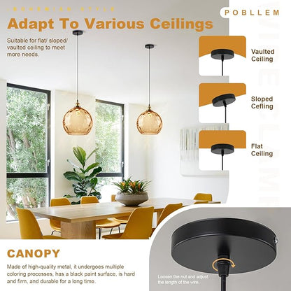 Vintage Amber Pendant Lighting, 13.8" Large Glass Pendant Light with Hammered Globe Shade, Modern Farmhouse Black and Gold Pendant Hanging Light Fixture for Kitchen Island Dining Room Bedroom