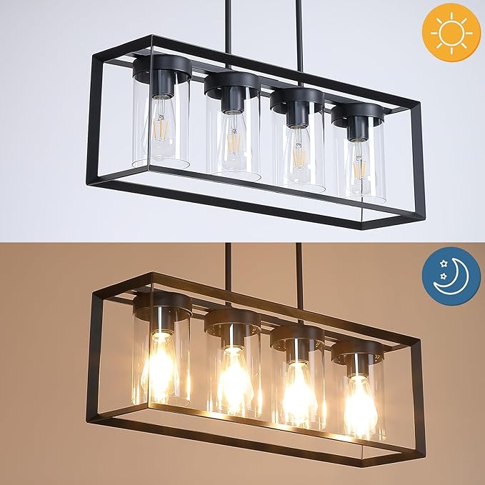 Modern 4-Light Linear Dining Room Light Fixture, Black Rectangle Farmhouse Chandeliers with Clear Glass Shades, Kitchen Island Lighting Fixtures Over Table Ceiling Hanging Pendant Lights
