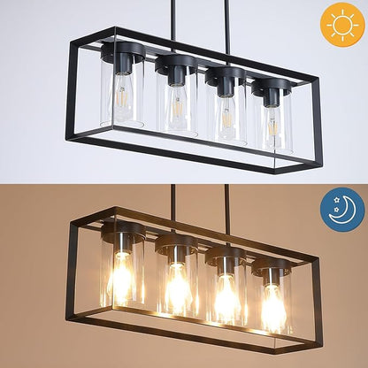 Modern 4-Light Linear Dining Room Light Fixture, Black Rectangle Farmhouse Chandeliers with Clear Glass Shades, Kitchen Island Lighting Fixtures Over Table Ceiling Hanging Pendant Lights