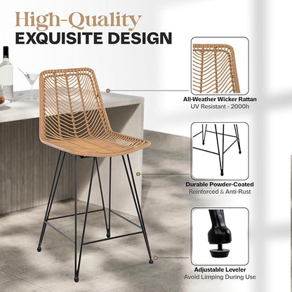 IDZO Set of 2 Rattan Counter Stools, 24" Height, 400lbs Capacity, Cushioned Seats, Steel Frame, for Indoor and Outdoor Use, Suitable for Patio, Bar, or Kitchen Island