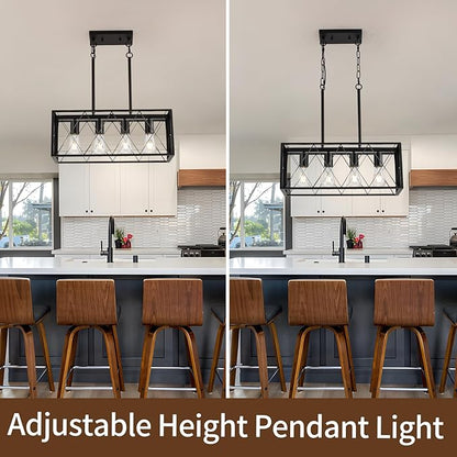 KEESFU Black Farmhouse Kitchen Island Lighting, 4 Lights Pendant Lighting Fixtures, Adjustable Height, Industrial Dining Room Light for Living Room Foyer Dining Table Over Sink.