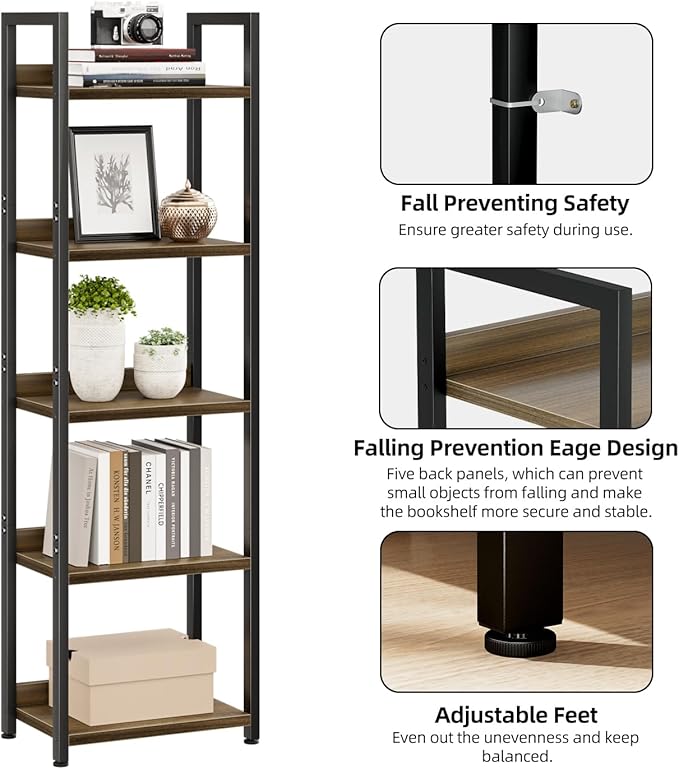 NUMENN Narrow Bookshelf, 5 Tier Bookshelves, Home Office Bookcase Shelf Storage Organizer, Free Standing Storage Shelving Unit for Bedroom, Living Room and Home Office, Dark Walnut