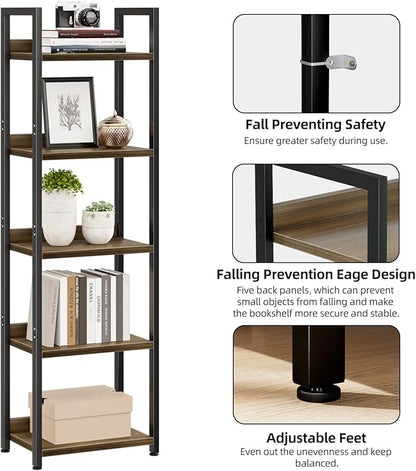 NUMENN Narrow Bookshelf, 5 Tier Bookshelves, Home Office Bookcase Shelf Storage Organizer, Free Standing Storage Shelving Unit for Bedroom, Living Room and Home Office, Dark Walnut