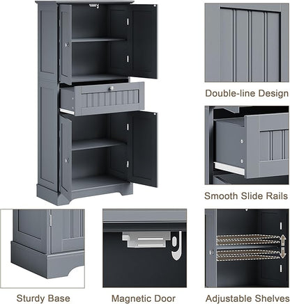 ChooChoo 51" H Tall Bathroom Floor Cabinet, Modern Bathroom Storage Cabinet with Drawer and Adjustable Shelves, Freestanding Kitchen Pantry Cupboard with 4 Doors for Living Room, Grey