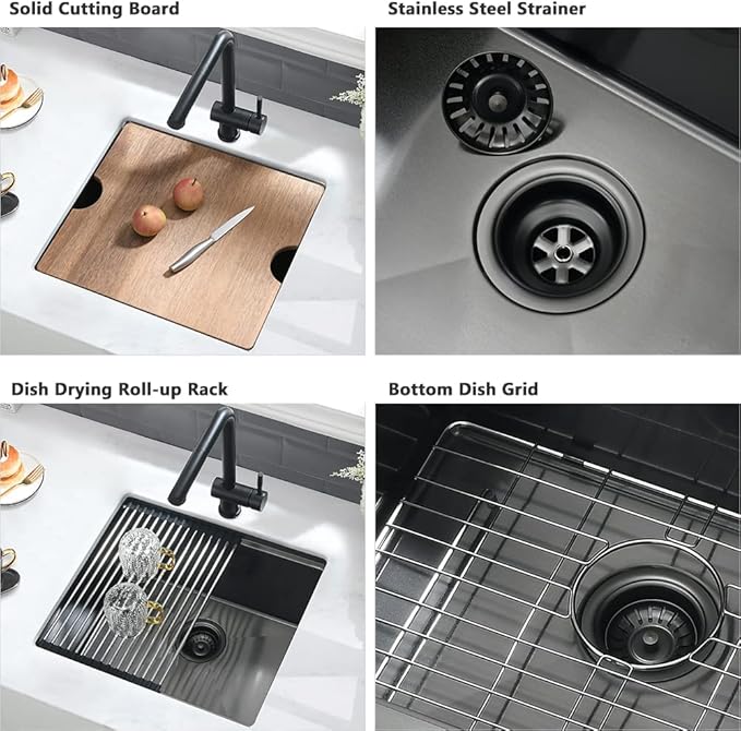 Black Undermount Bar Sink-VASOYO 21x17 Small Kitchen Sink Undermount Wet Bar Sinks 16 Gauge Black Stainless Steel Single Bowl Deep Rv Sinks with Cutting Board