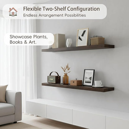 Lufia Floating Wall Shelves, Set of 2, MDF with Invisible Brackets, Modern Storage for Bedroom, Bathroom, Living Room, Kitchen (Rustic Brown, 32" W x 7" D x 1.5" H)