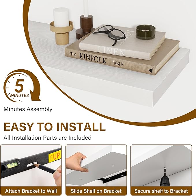 Fun Memories 72 Inch Floating Shelves for Wall, 8 Inch Deep Floating Shelf, Large Shelves with Invisible Bracket for Books|Storage, Rustic Wood Wall Shelf for Bedroom, Kitchen, Living Room, White