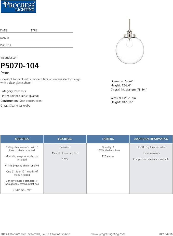 Progress Lighting 1-Light Clear Glass Farmhouse Pendant Light, Penn Collection, Indoor, P5070-104, Polished Nickel