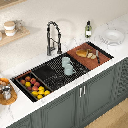 Lordear Luxury 45 Black Undermount Kitchen Sink NANO PVD Large Ledge Workstation T304 16 Gauge Stainless Steel Single Bowl Under Counter, 45''x19''x10''