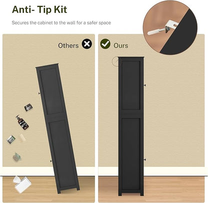 TEENFON 67" H Tall Storage Cabinet with 2 Doors and 1 Drawer, Narrow Black Cabinet with Adjustable Shelves, for Bathroom, Living Room, Entryway, Kitchen, Black