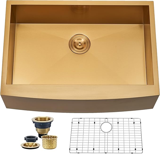 SHACO Gold Farmhouse Sink, 33 Inch Gold Stainless Steel Single Bowl Apron Front Undermount Farm Kitchen Sink with Accessories