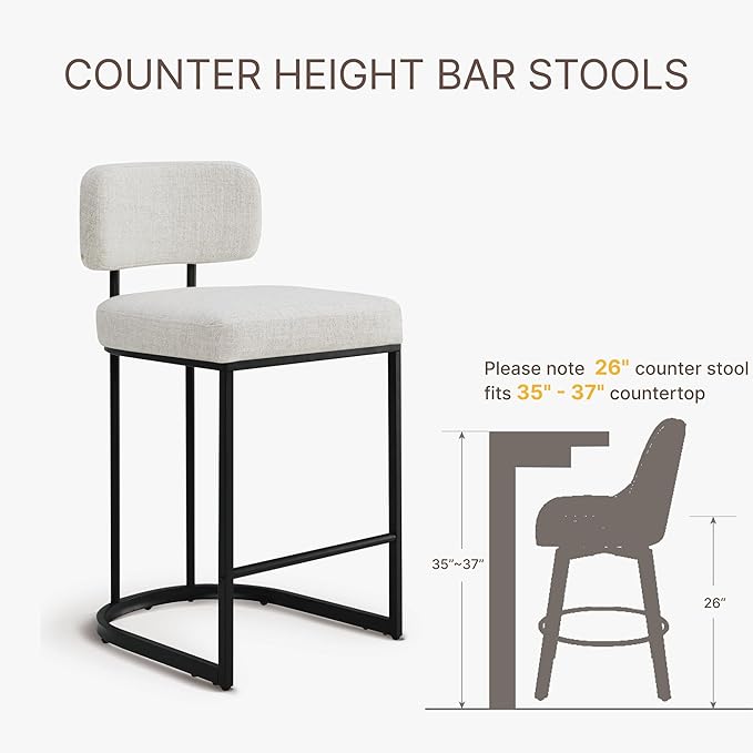 26" H Counter Height Bar Stools Set of 4, Modern Linen Fabric Upholstered Barstools with Backrest for Kitchen Island, Black Metal Frames, Wheat