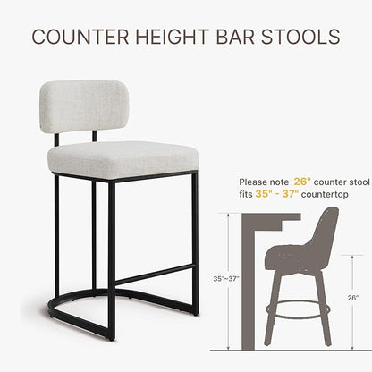 26" H Counter Height Bar Stools Set of 2, Modern Linen Fabric Upholstered Barstools with Backrest for Kitchen Island, Black Metal Frames, Wheat