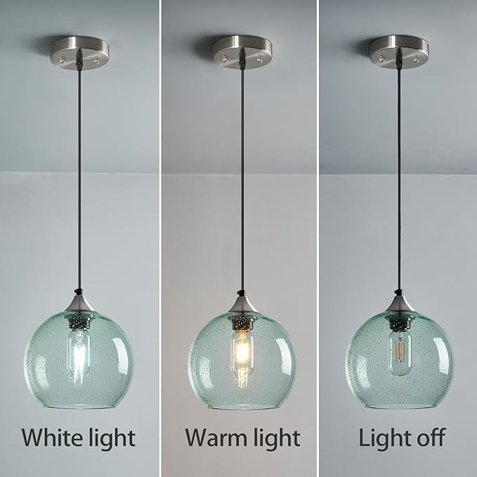 Light Green Glass Pendant Lights Kitchen Island Lighting Globe Pendant Light Fixtures Modern Pendant Lighting for Bedroom Living Dining Room Light Fixture (7.87 in, 3 Pack)