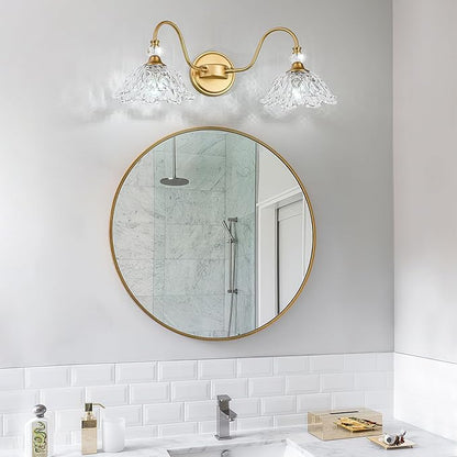 Vintage Bathroom Vanity Light, 2-Light Matte Brass Finish Vanity Light with Floral Clear Glass Shades, Retro Wall Sconce for Bathroom, Dressing Table
