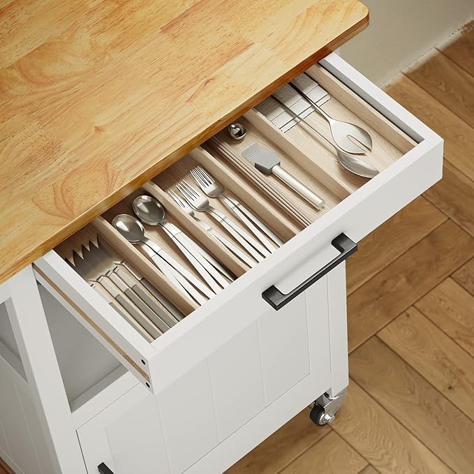 Qsun Kitchen Cart with Drawer, Small Kitchen Island on Wheels, Microwave Cart, Small Home Coffee Bar, Microwave Stand, Rolling Kitchen Island Cart with Side Hook, White