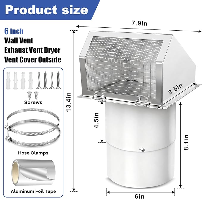 6 Inch Hooded Wall Vent with Screen and Damper, Wall Exhaust Vent Cover, 6 Inch Range Hood Wall Vent Cap, Outdoor Hooded Wall Vent for Dryer Vent, Range Hood, Kitchen, White