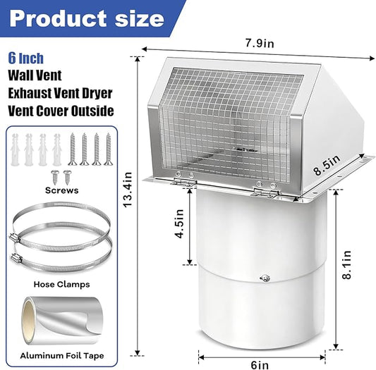 6 Inch Hooded Wall Vent with Screen and Damper, Wall Exhaust Vent Cover, 6 Inch Range Hood Wall Vent Cap, Outdoor Hooded Wall Vent for Dryer Vent, Range Hood, Kitchen, White