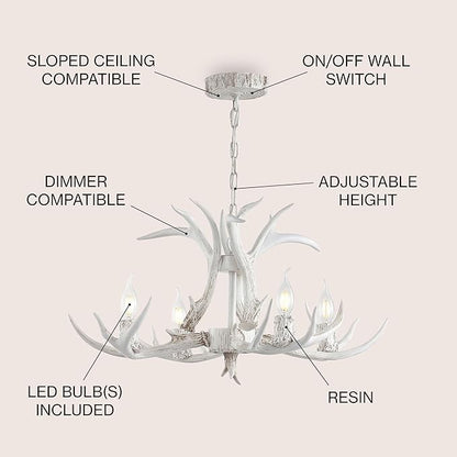JONATHAN Y 26" White Rustic Resin Antler 4-Light LED Chandelier, Farmhouse Faux Deer Horn Hanging Ceiling Light for Dining Room, Kitchen Island, Adjustable Light Fixture (JYL6301B)