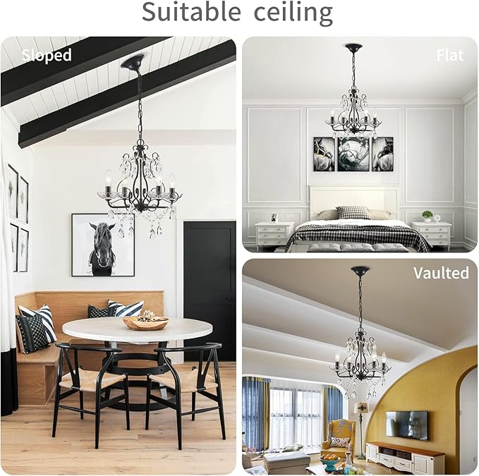 WUZUPS Crystal Candle Chandelier Pendant Flushmount Ceiling Light Modern Lighting Fixture for Bedroom Hallway Bar Kitchen Bathroom, H 14" x W 16", Black, E12 Base