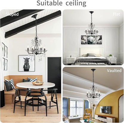 WUZUPS Crystal Candle Chandelier Pendant Flushmount Ceiling Light Modern Lighting Fixture for Bedroom Hallway Bar Kitchen Bathroom, H 14" x W 16", Black, E12 Base