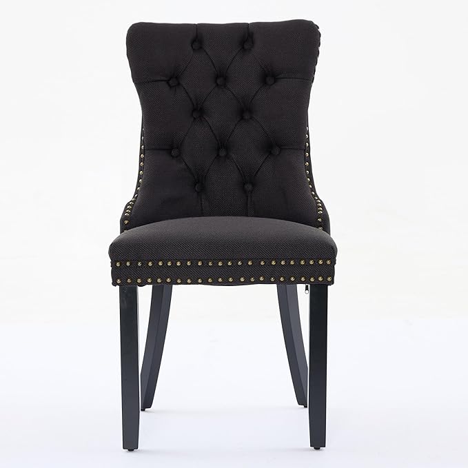 Ball & Cast Contemporary Upholstered Dining Chairs Set of 2, Flax Button Tufted Kitchen Side-Chairs with Hang Ring & Nailhead Trims & Wood Legs, 2-Piece Backrest Traditional Chair, Black+Black