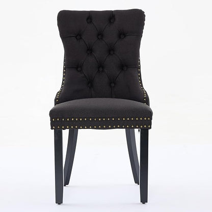 Ball & Cast Contemporary Upholstered Dining Chairs Set of 2, Flax Button Tufted Kitchen Side-Chairs with Hang Ring & Nailhead Trims & Wood Legs, 2-Piece Backrest Traditional Chair, Black+Black
