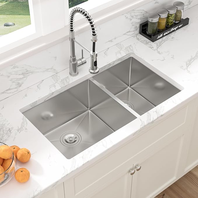 Sarlai 33 Undermount Kitchen Sink Double Bowl - 33x19 Inch Kitchen Sink Undermount 60/40 Stainless Steel 16 Gauge Round Corner Double Basin Under Counter Sinks Basin