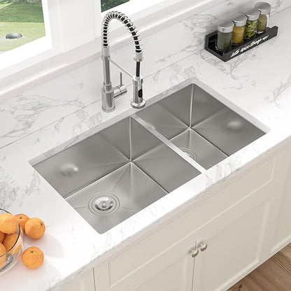 Sarlai 33 Undermount Kitchen Sink Double Bowl - 33x19 Inch Kitchen Sink Undermount 60/40 Stainless Steel 16 Gauge Round Corner Double Basin Under Counter Sinks Basin