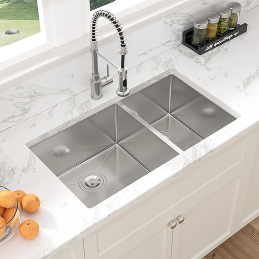 Sarlai 33 Undermount Kitchen Sink Double Bowl - 33x19 Inch Kitchen Sink Undermount 60/40 Stainless Steel 16 Gauge Round Corner Double Basin Under Counter Sinks Basin