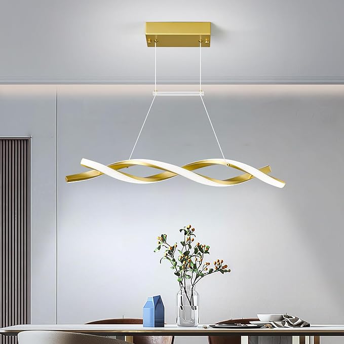 Modern Kitchen Pendant Light Over Island Gold LED Pendant Lights 6000K Adjustable Hanging Light Fixture Wave Shape Chandelier for Dining Room Kitchen Island Restaurant Living Room