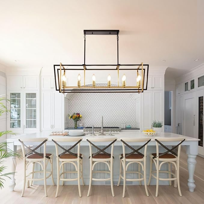 WJShome 12 Light Chandeliers for Dining Room, Farmhouse Kitchen Island Lighting, Black and Gold Rectangle Chandelier, Rustic Adjustable Height Metal Hanging Dining Table Fixture