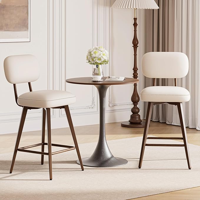 MALOL 26“ PU Leather Swivel Bar Stools Set of 3, Mid Century Counter Height Bar Chairs with Low Back and Metal Legs, Modern Bar Stool Chair for Kitchen Island, Beige