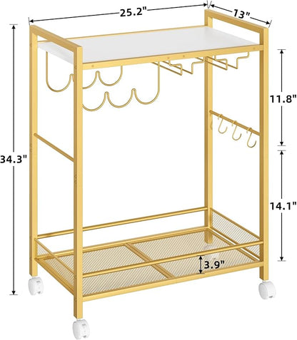 Joaxswe Bar Cart, Home Bar Serving Cart with 2-Tier Shelf,Rolling Beverage Cart with Wheels,Mobile Kitchen Shelf,Modern Wine Drink Cart with Wine Rack and Glass Holder for Kitchen,Dinning Room,Gold