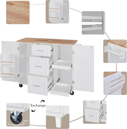 RUNNA Rolling Kitchen Island with Storage, White09, 3 Drawer, 2 Slide-Out Shelf, Internal Storage Rack, Kitchen Cart on Wheels with Spice Rack & Tower Rack