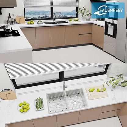 Kitchen Sink, 50/50 Double Bowl 33x19x8 Inch Undermount Stainless Steel Drop In Large Kitchen Sink Combo-Stainless Grid, Silicon Mat, Installation Clips For Modern SS Stylish Kitchen&Bar