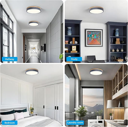 WOKNOS Dimmable Wood Oak Ceiling Light Fixture Modern Gray LED Flush Mount Ceiling Light 5CCT Minimalist Circle Close to Lighting Fixture for Bedroom Kitchen Bathroom Laundry Room 11.81 Inch