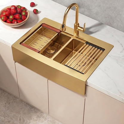 LQS Double Bowl Kitchen Sink, Undermount/Drop In Kitchen Sink, Double Bowl Stainless Steel Kitchen Sinks, 16 Gauge Stainless Steel Handmade Sinks (Gold, 30" x 22" x 10")