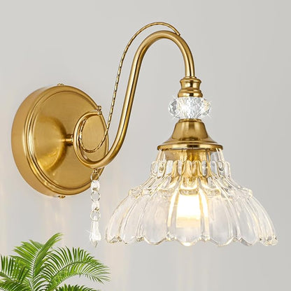 1 Piece Vintage Wall Sconce, 1-Light Brushed Gold Finish Wall Sconce with Hanging Crystal Accents and Flower-Shaped Clear Shades for Bathroom Bedroom Living Room,Vintage Vanity Light