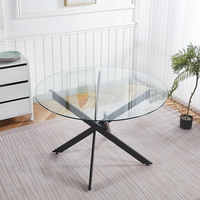 47.2'' Round Glass Dining Table for 4, Glass Round Dining Room Table with X-Shape Black Metal Legs, Clear Circular Top Kitchen Table for 4, Perfect for Apartment Small Space