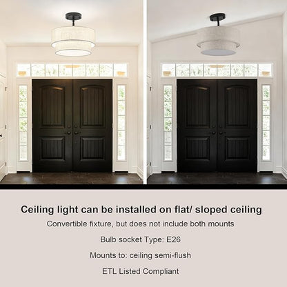 3-Light Semi Flush Mount Ceiling Light, 12.6 Inch Drum Black Chandelier Fabric Metal Kitchen Light Fixture, Dimmable Dining Room Light Fixture E26 Base Chandeliers for Living Room Bedroom