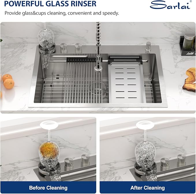 Sarlai Waterfall Kitchen Sink 30 Inch Drop In Kitchen Sink Topmount 16 Gauge Stainless Steel 30x22 Inch Single Bowl Multifuction Workstation Top Mount Sinks with Double Knob