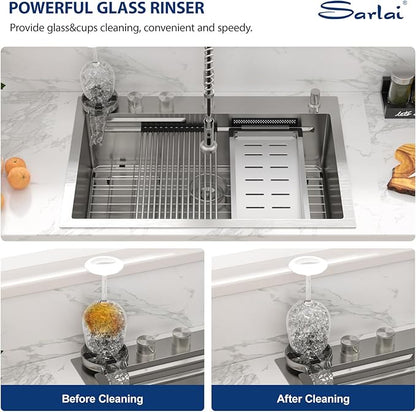 Sarlai Waterfall Kitchen Sink 33 Inch Drop In Kitchen Sink with Waterfall Topmount 16 Gauge Stainless Steel 33x22 Inch Single Bowl Multifuction Workstation Top Mount Sinks with Double Knob
